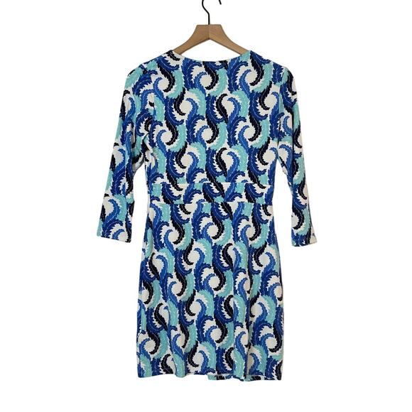 Boden Blue White Feather Printed Long Sleeve Ruched Waist Dress Women's Size 6 - Picture 3 of 9